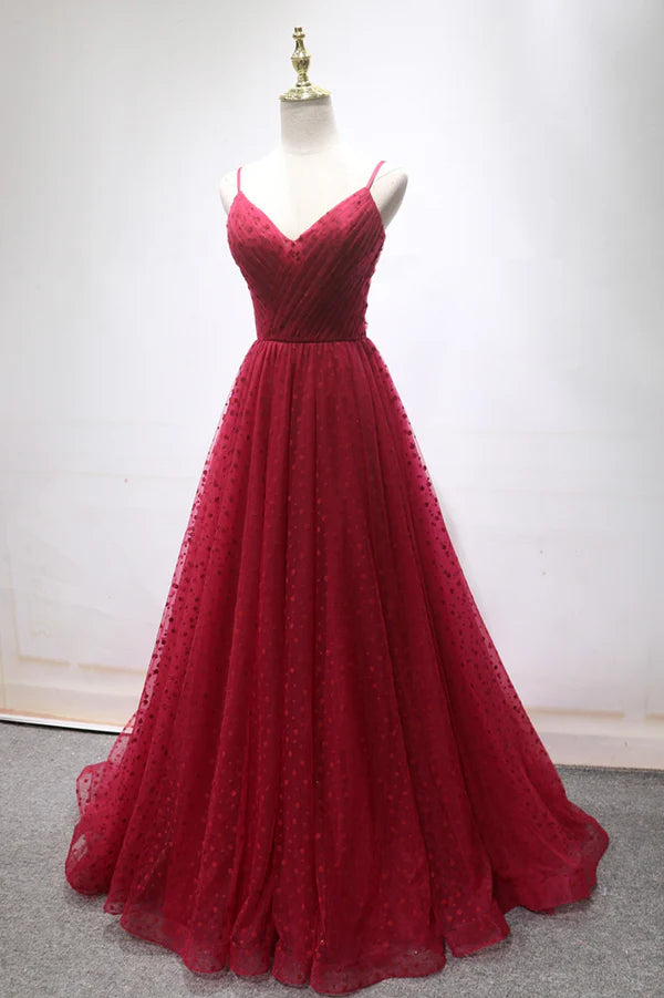 Wholesale Burgundy V-Neck Tulle Long Prom Dress A-Line Backless Evening Party Dress